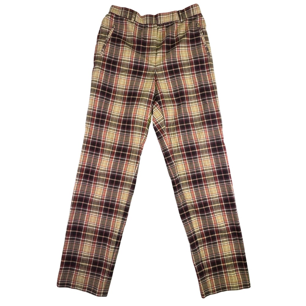 Grace Elements Women Tan Burgundy Plaid‎ Straight Leg Trousers Side Zip Pockets